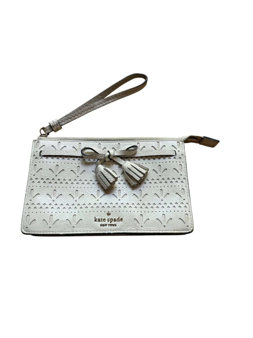 Kate Spade NY Hayes Wristlet Clutch Cream Perforated Leather Tassel Zip Bag